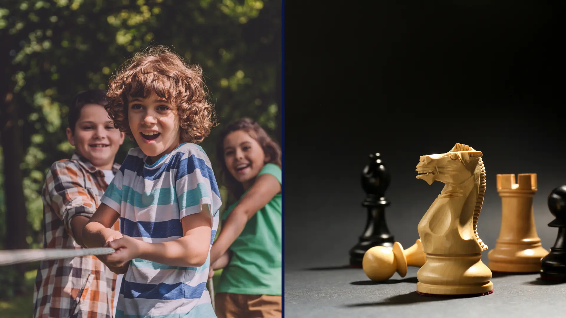 Image with two sides showing children playing on the left and chess pieces on the right