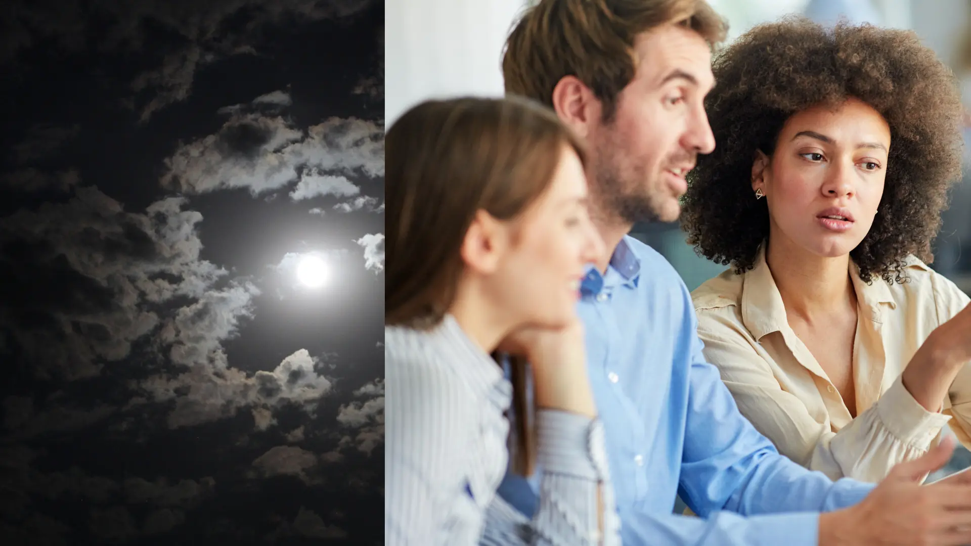 Image of a dark sky and moon in the back and a lightened office with smart people discussing in front