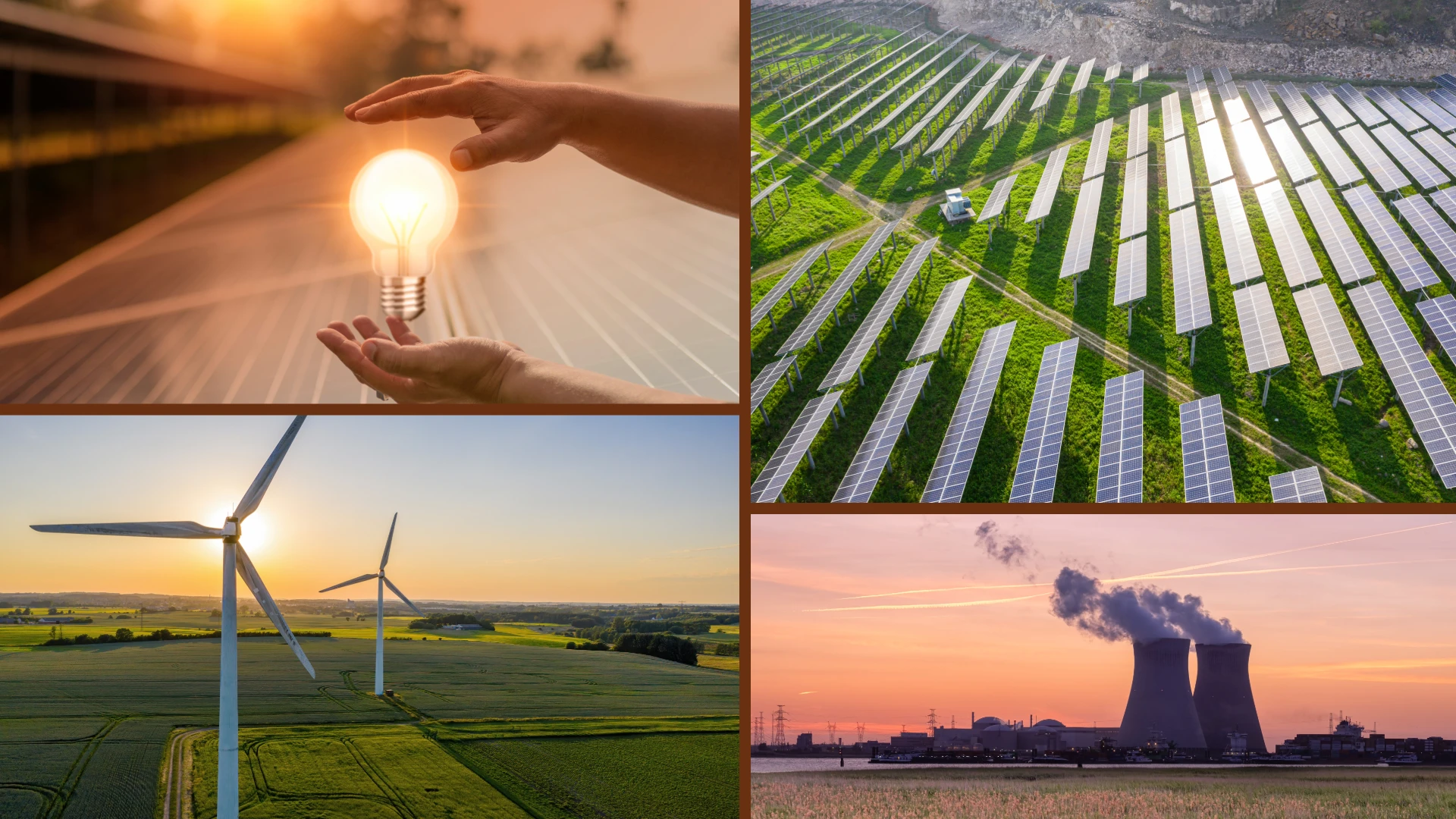 image in four parts showing nuclear power plant, wind and PV power facilities and a bulb in front of PV panels