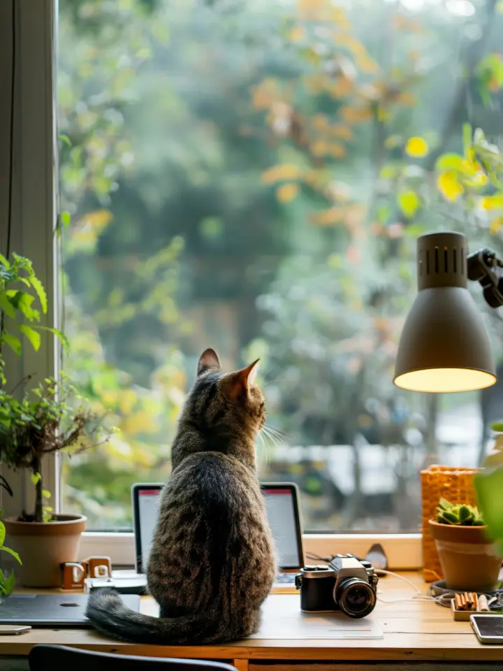 Bild einer Katze auf dem Schreibtisch, aus dem Fenster ins Grüne blickend, mit dem Rücken zum Betrachter