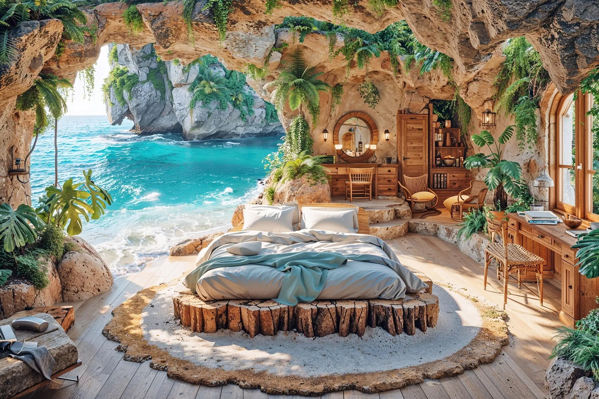 Image of a room in a cave with a comfortable bed, jungle plants and sand as well as wooden planks on the floor, clearly being made up by digital tools